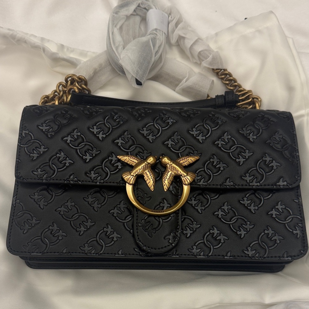 Pinko Black Embossed Love One Classic Shoulder Bag with Gold Accents